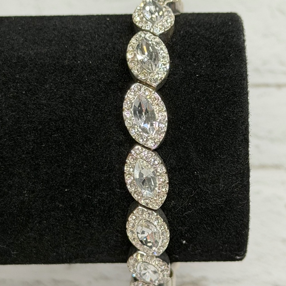 Silver Tone Clear Rhinestone Marquise Tennis Bracelet Sparkly Glam Bridal Y2K